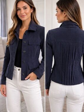 Carlisle Navy Button-Front Pleated-Back Blazer